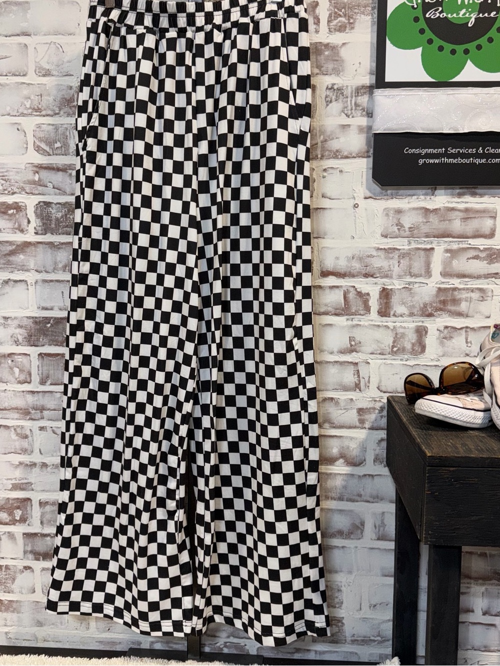 Women’s Black & White Checkered Wide-Leg Track Pants